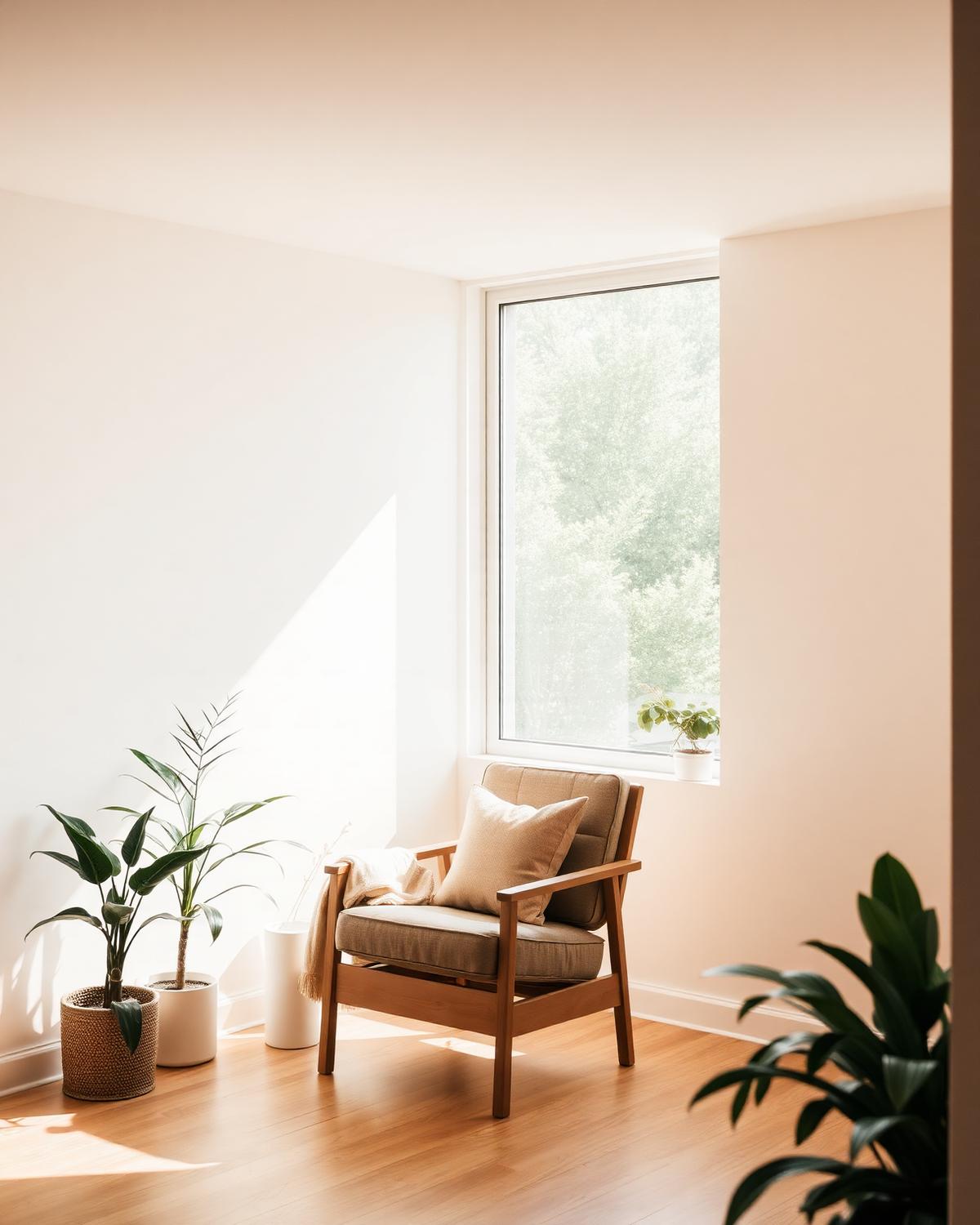 A sunlit therapy room with a wooden armchair, plants, and warm natural light